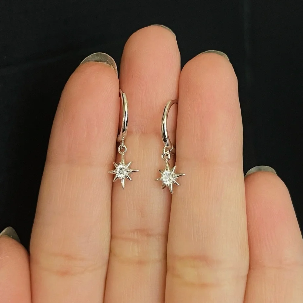925 Sterling Silver CZ Star Huggie Hoop Earrings Women 9mm